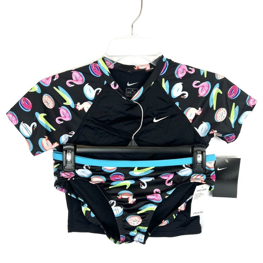 Nike Girl’s Black Short Sleeve Rash Guard Top And Bikini Bottom Swim Set Size XL